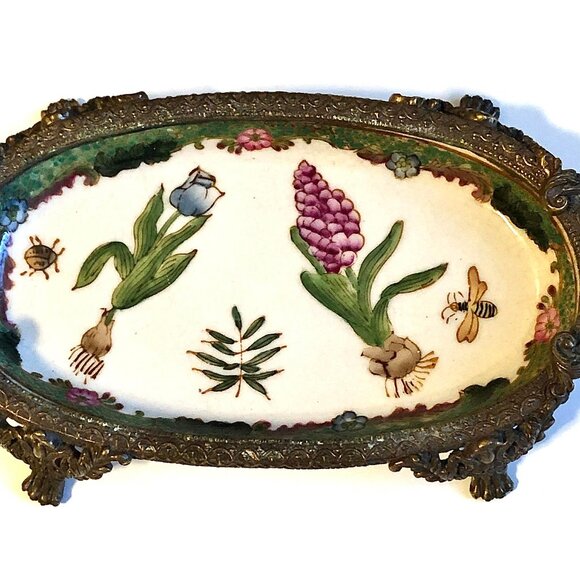 NWT WONG LEE Hand Painted Porcelain Bronze Ormolu Oval Tray Soap Dish 8x4" - Picture 4 of 7